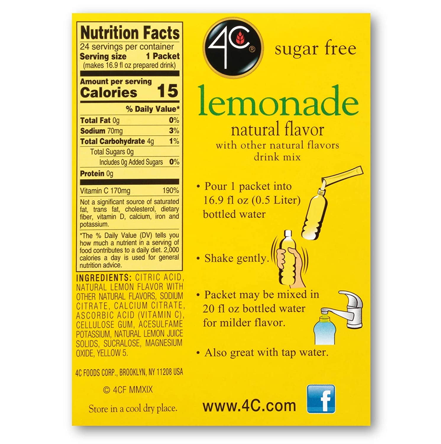 4C Sugar Free Drink Mix Sticks Flavor: Lemonade (24 stick box), Size: 6-Pack