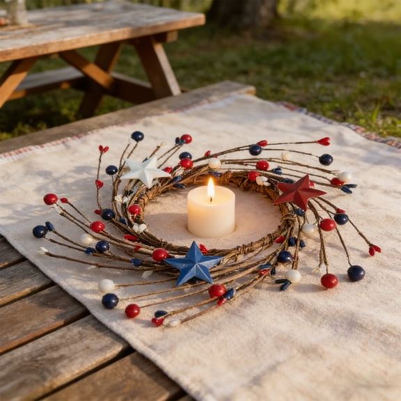 hulanddfd 4th of July Candle Rings Patriotic Flower Wreath Red White and Blue Candle Holder Patriotic Table Centerpiece Decor for 250th Anniversary Memorial Day