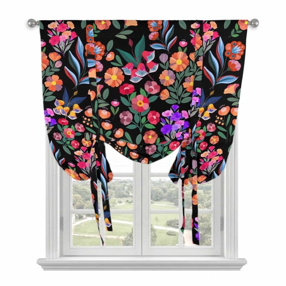 Watercolor Flowers Tie Up Curtains for Windows, Adjustable Balloon Window Shades, Retro Spring Floral Botanical Leaves Black Kitchen Window Treatments Farmhouse Short Curtains with Rod Pocket 42"x45"
