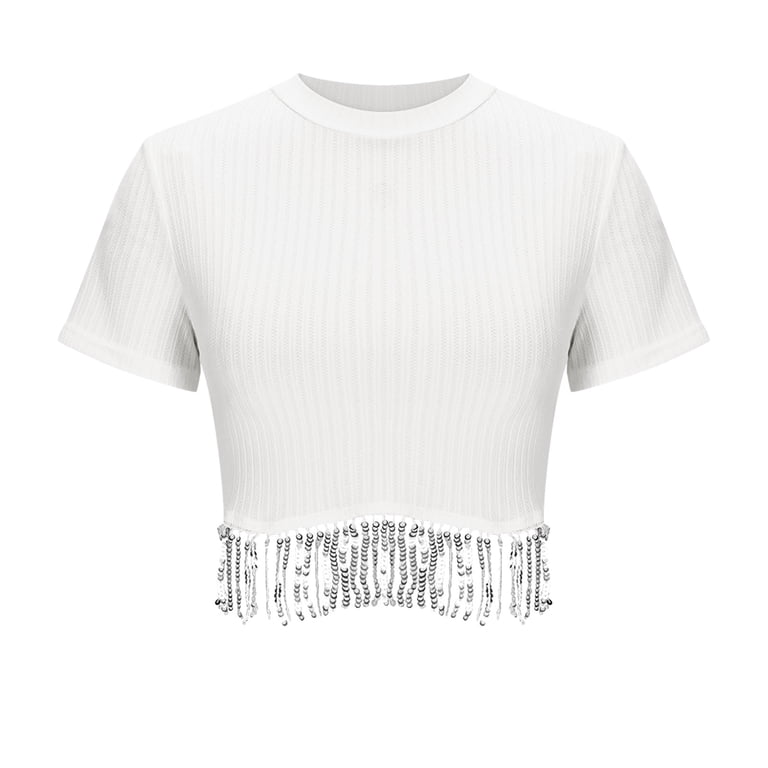 JGGSPWM Women's Summer Sequin Fringe Ribbed Knit Crop Top Round