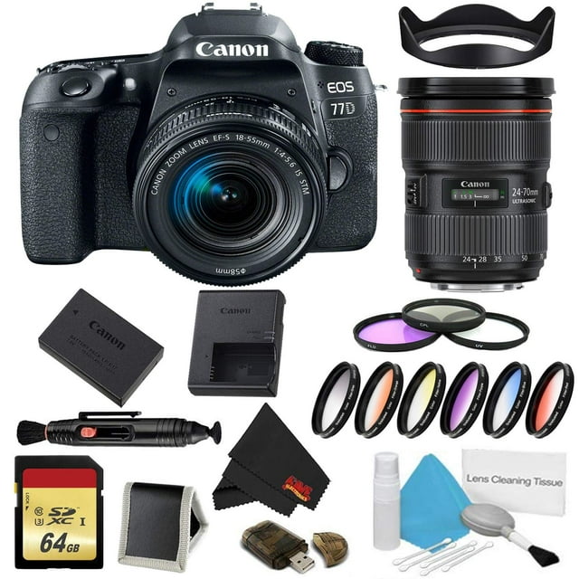 Canon EOS 77D Appareil Photo Reflex Numérique avec Objectif 18-55 mm Ensemble avec Filtre 9 Pcs et Trousse de Mémoire + Objectif 24-70 mm (Modèle Intl)