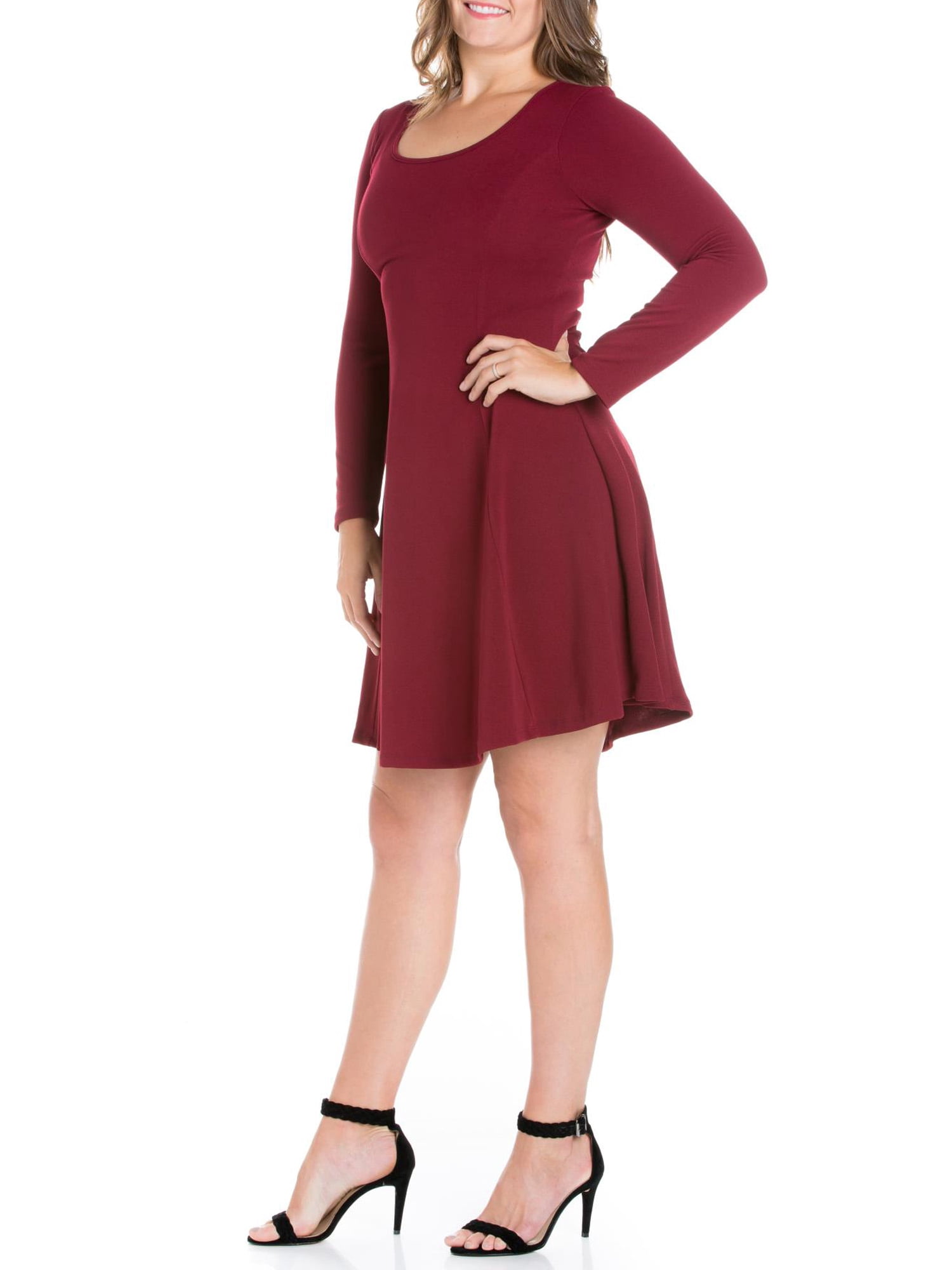 24seven Comfort Apparel Plus Size Long Sleeve Knee Length Skater Dress