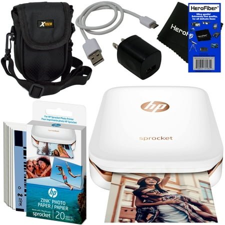 HP Sprocket Photo Printer, Print Social Media Photos on 2x3 Sticky-Backed Paper (White) + Photo Paper (30 sheets) + Protective Case + USB Cable with Wall Adapter + HeroFiber Gentle Cleaning (Best Printer Deals Today)
