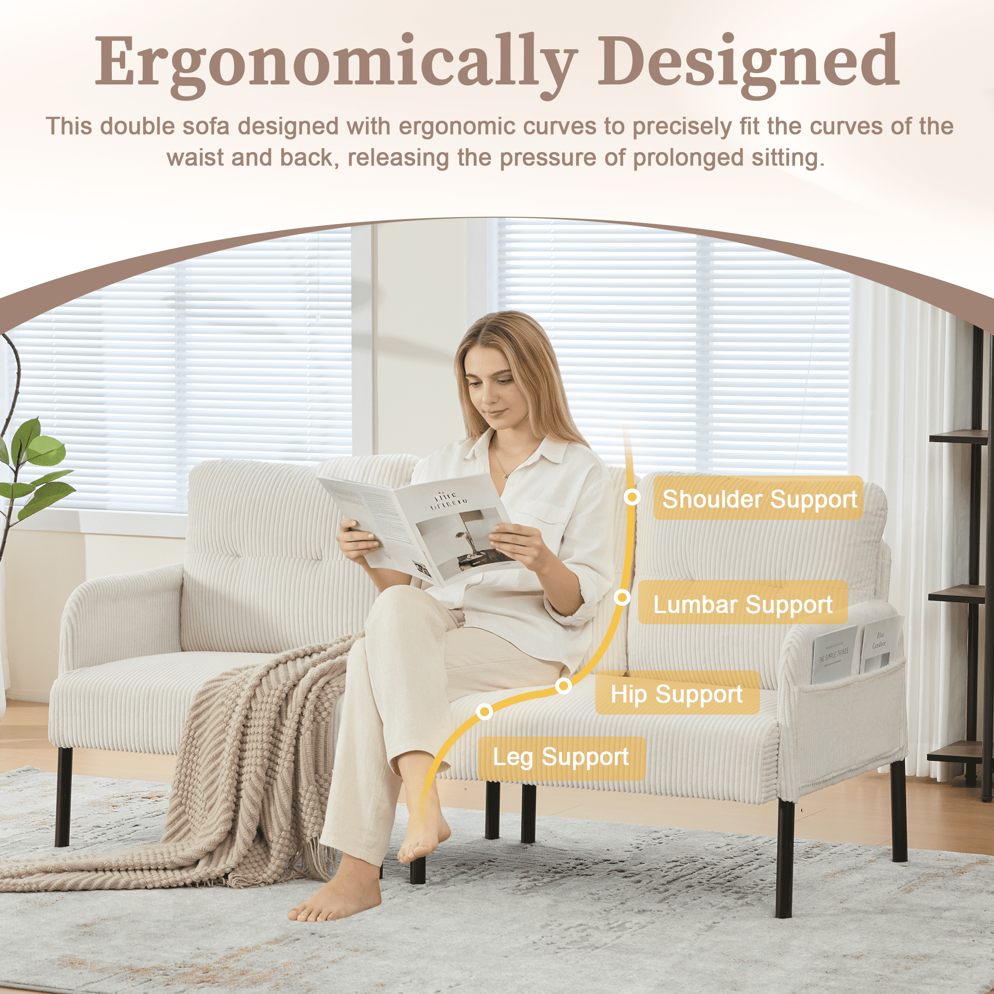 Leumius Oversized Sofa Couch for Living Room,68" Corduroy Upholstered Couch with Metal Legs & Side Pockets for Bedroom, Office or Apartment,Beige