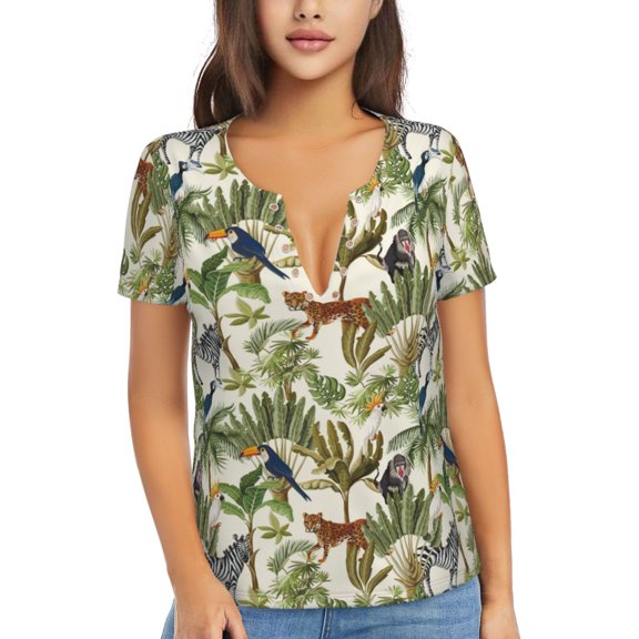 Naloa Jungle Animals Print T-Shirts Short Sleeve V Neck Tees for Women Fashion Tops Trendy Lightweight Soft Casual Summer Outfits Clothes