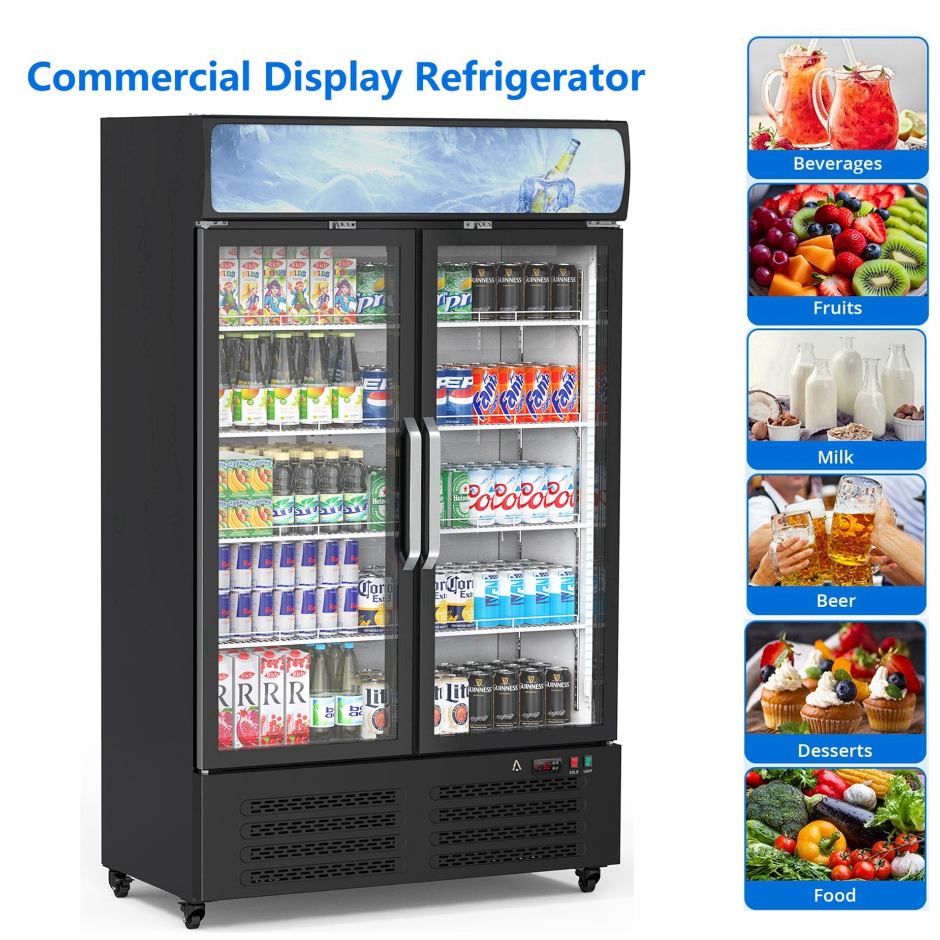 Adoolla 25 Cu.Ft. Double Glass Door Commercial Upright Merchandiser Display Refrigerator with Adjustable Shelves & Lightbox