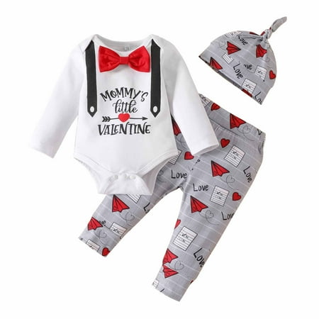 

YYDGH Baby My First Valentine s Day Outfits Long Sleeve Gentleman Romper Bodysuit Top Pants Hat 3 Piece Clothes Set(Gray 12-18 Months)