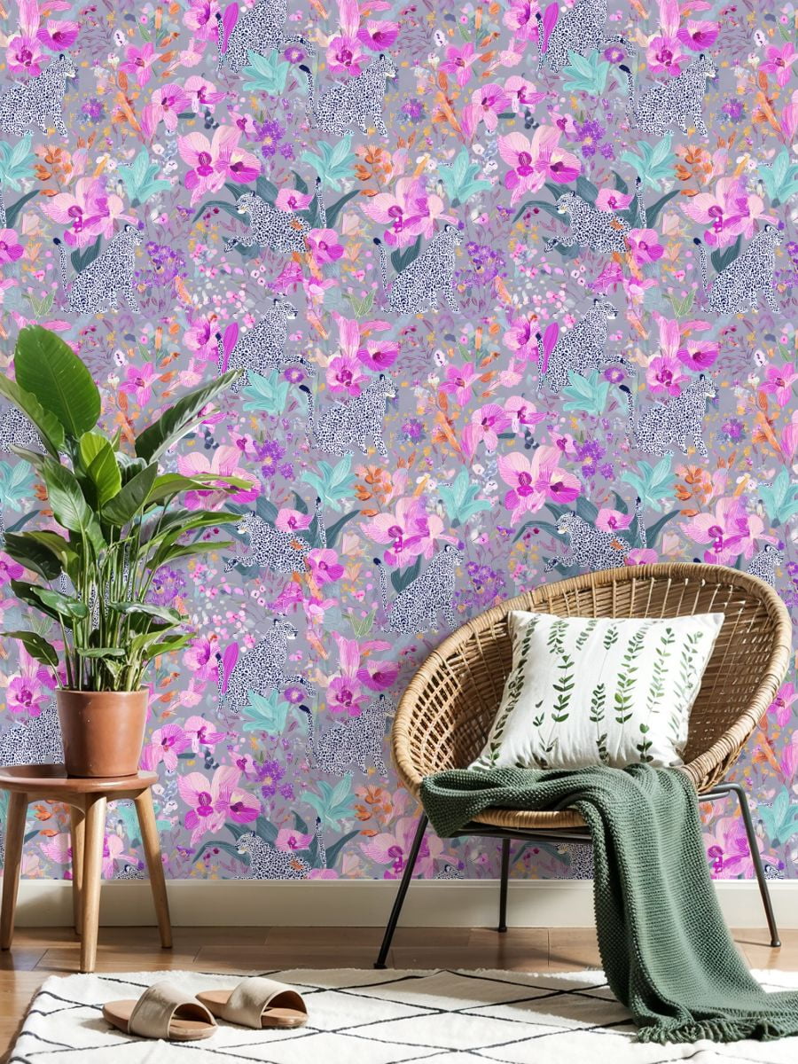 Cheetah Peel and Stick Wallpaper 17.7in x 9.8ft Leopards Among Tropical Orchid Flowers Pink Purple Contact Paper Vinyl Waterproof Self Adhesive Wall Paper for Bedroom Shelf Cabinet Renter Friendly