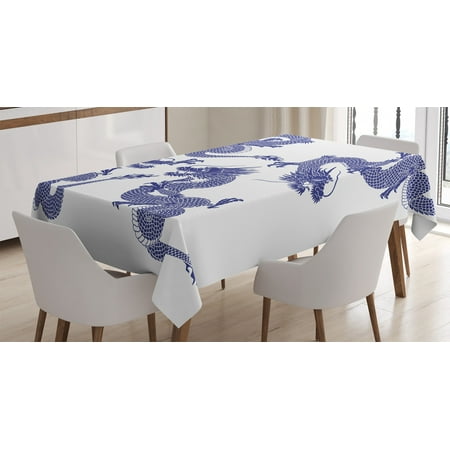

Dragon Decor Tablecloth Indigenous Japanese Dragons on White Vitality Legendary Creatures Asian Myth Print Rectangular Table Cover for Dining Room Kitchen 52 X 70 Inches Blue by Ambesonne