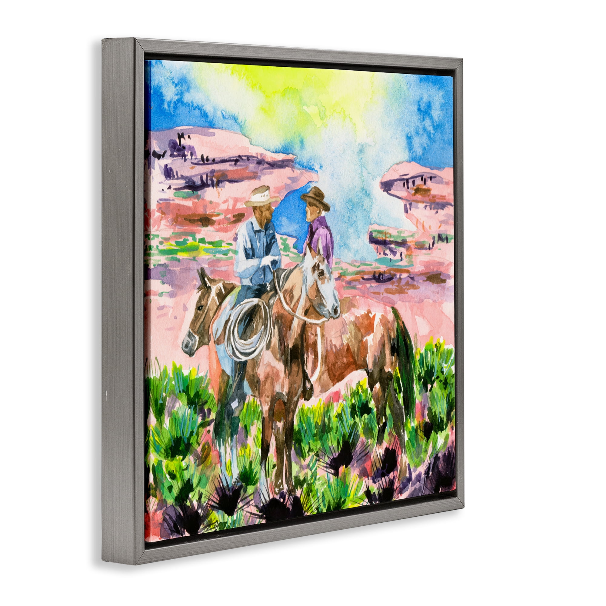 Stupell Industries Cowboy Duo in Canyon Animals Painting Gray Floater Framed Canvas Art Print Wall Art, 18 x 18