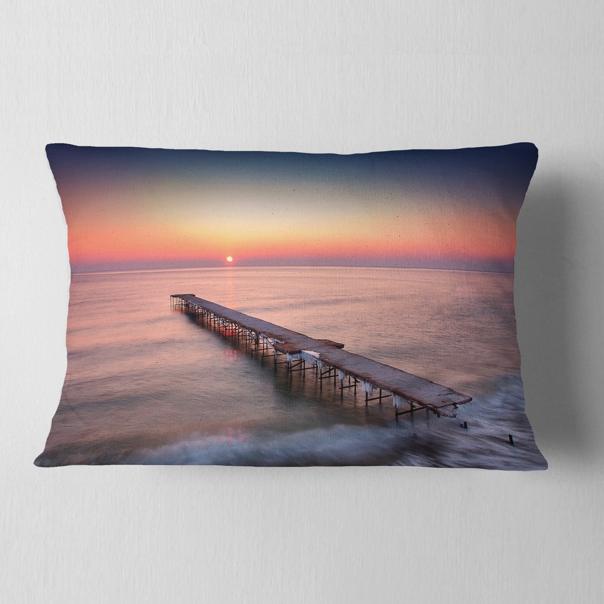 Designart Long Exposure Sea and Shore - Sea Bridge Throw Pillow - 12x20