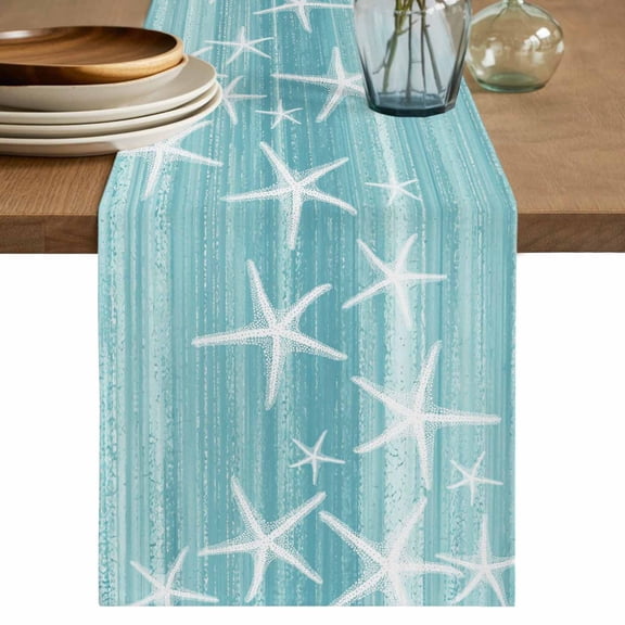 Teal Coastal Table Runner, Summer Ocean Waves Ombre Sea Starfish Washable Cotton Linen Table Runners 70 Inches Long, Dresser Scarf Runner for Dining/Kitchen/Coffee/TV Stands/Cabinets 13''x70''