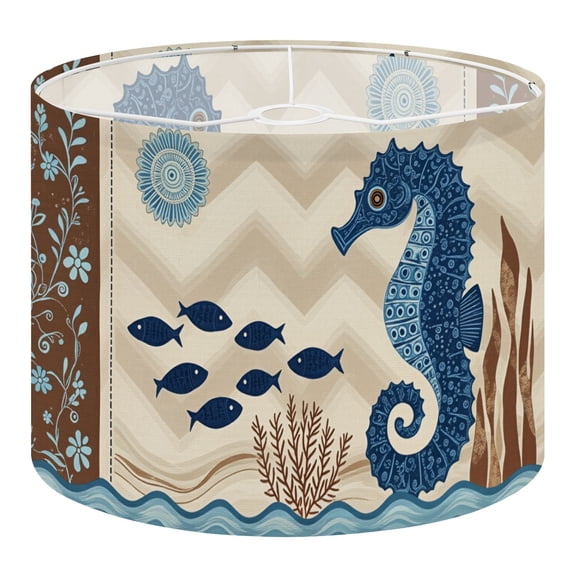 Coastal Linen Drum Lampshades Vintage Beach Brown Seahorse Small Fish 13"x13"x10" Light Shade for Table Lamps Floor Lamp Shades Lampshade Replacement Assembly Required