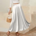 thumbnail image 2 of LWavelet Women Satin Flared Midi Skirt Elastic Drawstring Waist Elegant Evening Wedding Guest Skirt White L, 2 of 6