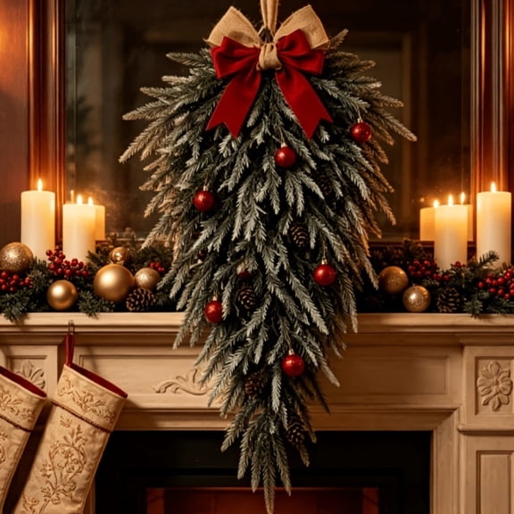 2 Pack Lighted Christmas Teardrop Swag,Christmas Pine Needles Front Door Wreath with Velvet Bow Gold Bells,Red Berries & Pinecones,Christmas Greenery Pine Cedar Swag