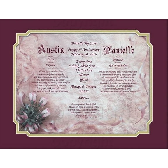 Anniversary Name/Poem Gift (Picture Optional), Name Wall Art Gift for Husband & Wife, Couples First One Year Together, Wedding Gift for Wife and Husband