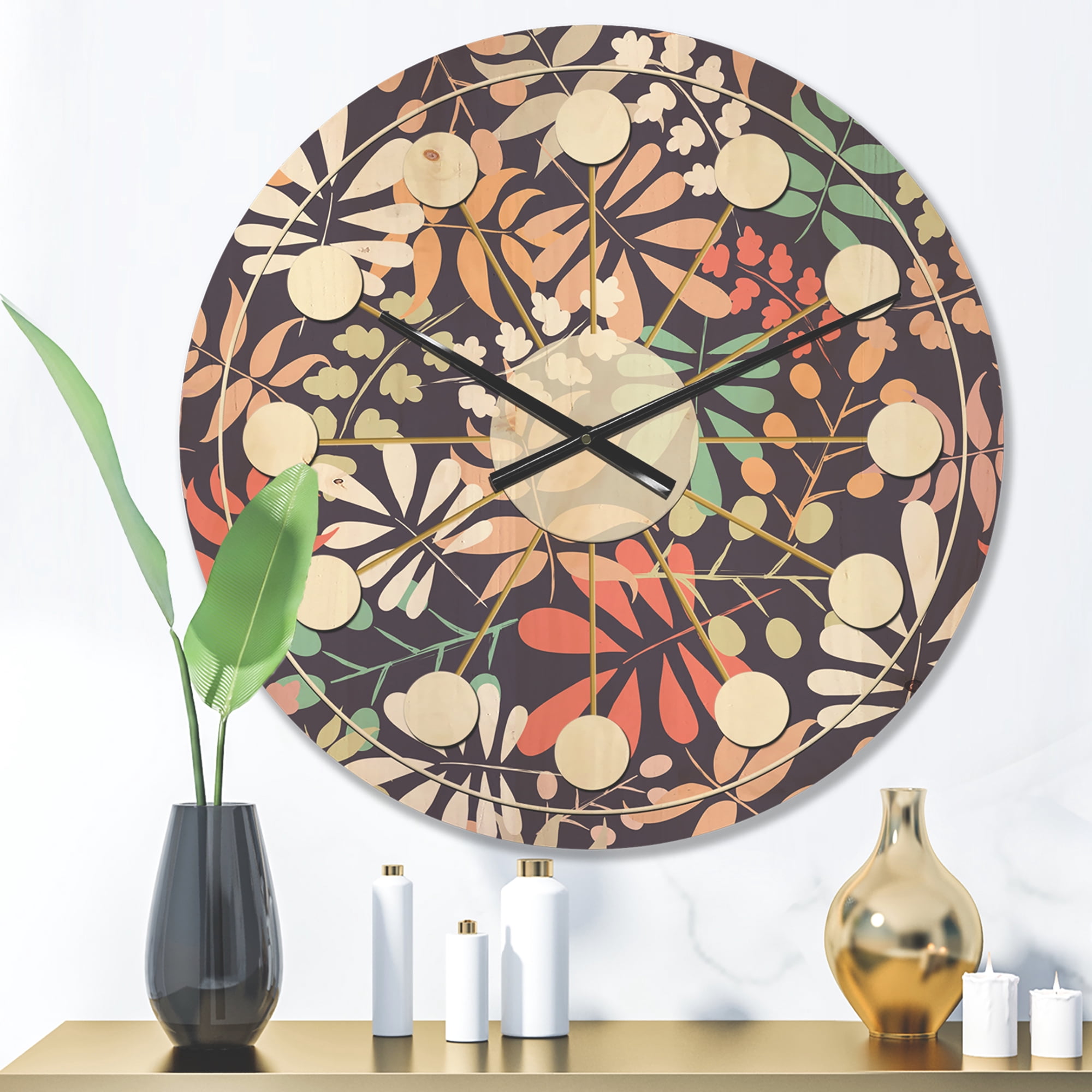Designart 'Botanical Retro Pattern II' Mid-Century Modern Wood Wall Clock