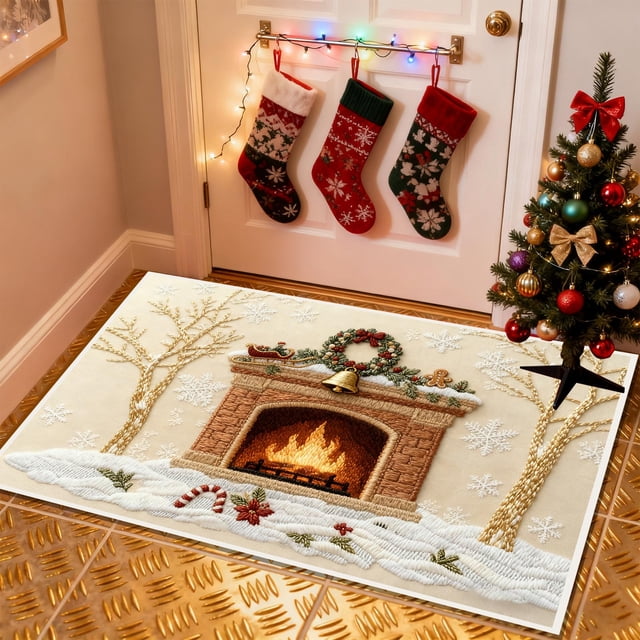 Christmas Holiday Embroidery Style Non-Slip Absorbent Kitchen Floor Mat, Washable Indoor Doormat for Entryway Bathroom Laundry Room Decor