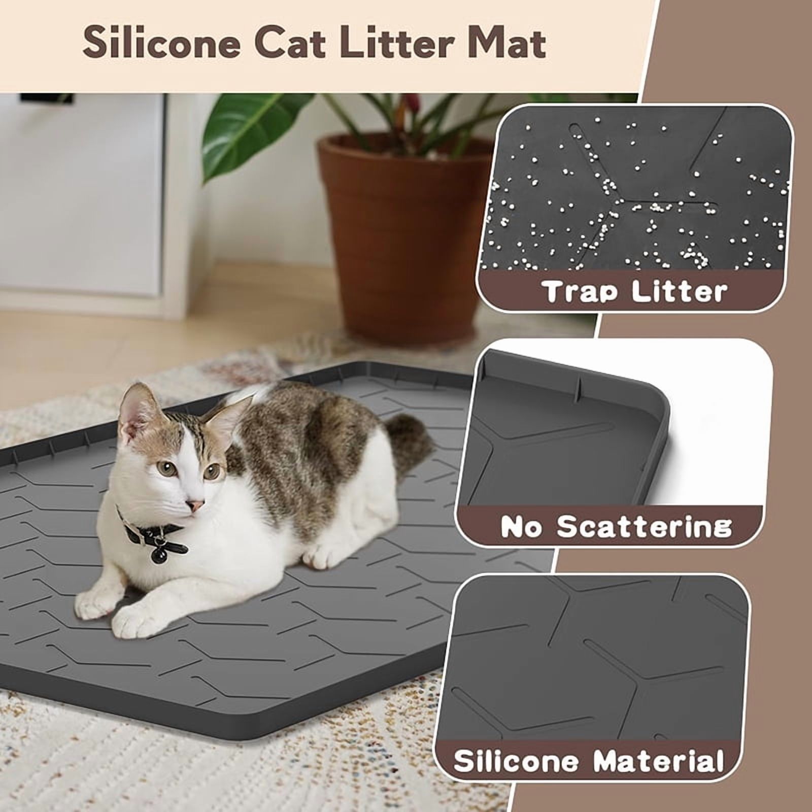 FACCAIL Silicone Cat Litter Trapping Mat, Waterproof/Urineproof Cat Litter Box Mat, Cat Litter-Collecting Pad for Floor, Soft & Pet-Friendly (34"x 22"- Black)