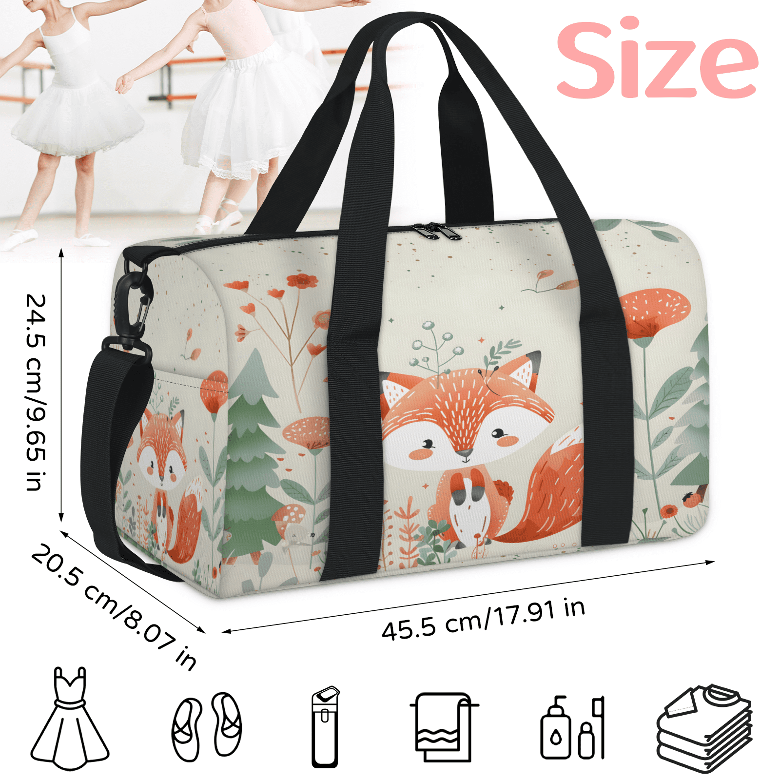 Herdesigns Fox Animals Cute Wildlife Gym Bag for Women, Duffle Bag for Travel Sport, Lightweight Waterproof Carry on Weekender Overnight Dance Yoga Workout Bags