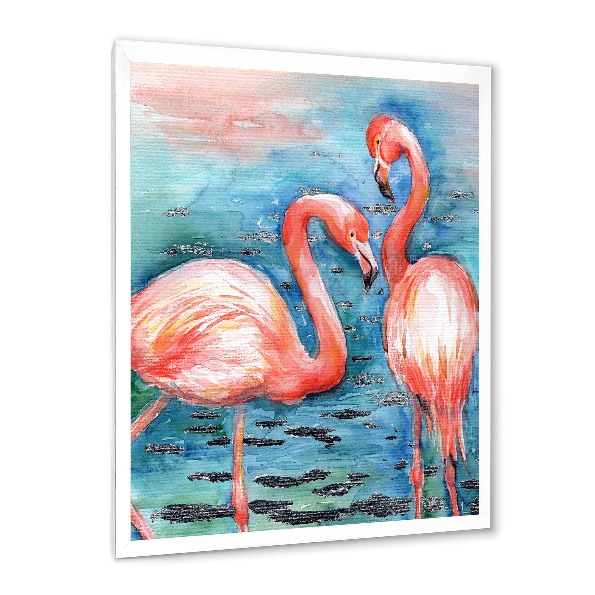 Designart 'Pink Flamingos Love Birds In Blue Water I' Farmhouse Framed Art Print