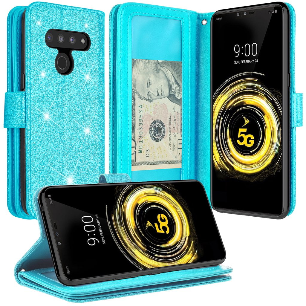 LG G8 Thinq Case Glitter Faux Leather Wallet Case [Kickstand