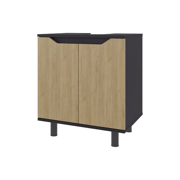 Bathroom Vanity FM FURNITURE Jerome Under Sink Storage Cabinet with Double Doors and Adjustable Shelves, Natural Oak and Black,Vanity With Sink