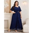 thumbnail image 3 of Elegant Blue Plus Size Long Dress With Rhinestone Waist Detail, Asymmetrical Hem, Short Sleeve Evening Gown, 3 of 8