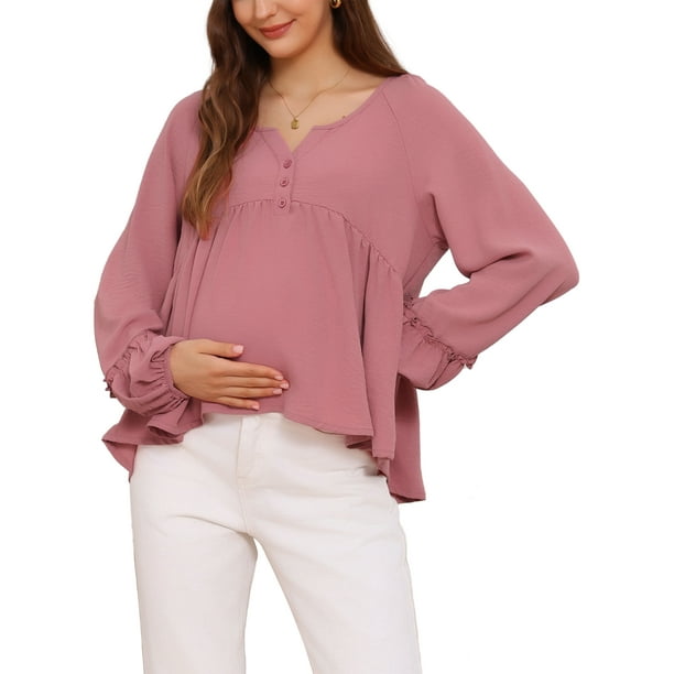 BLUSA DE MATERNIDAD CHIC INSPIRADA PARA MUJERES EN EL DÍA DE LA MADRE, TOPS ASIMÉTRICOS DE CUELLO EN V, BABYDOLL, BOTONES, MANGAS LARGAS, VOLANTES, EMBARAZO XL ROSA