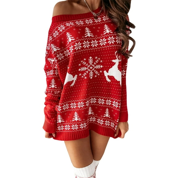ZPAQI Womens Cute Christmas Oversized Sweater Dress Reindeer Snowflake Jacquard Top