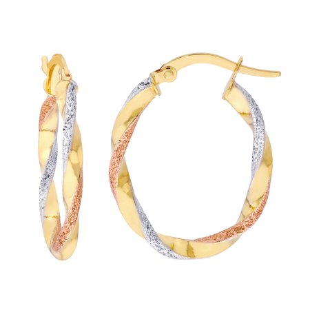 Honey Crush Real 14K Tri-Color Gold Polished Twisted Oval Hoop Earrings (2.6mm, 26mm)