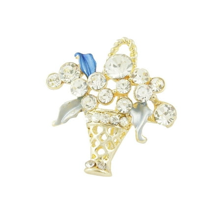 - Rhinestone Detail Two Tone Blue Leaf Flower Basket Pin Brooch