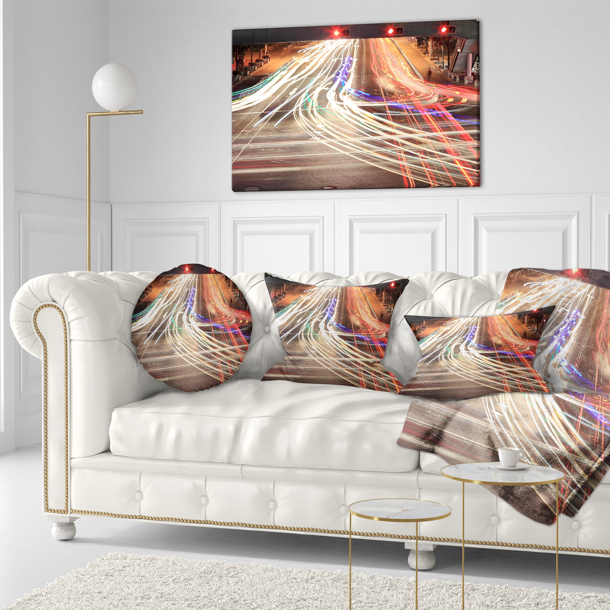 Designart Light Traces on Crossroad - Cityscape Digital Throw Pillow - 12x20