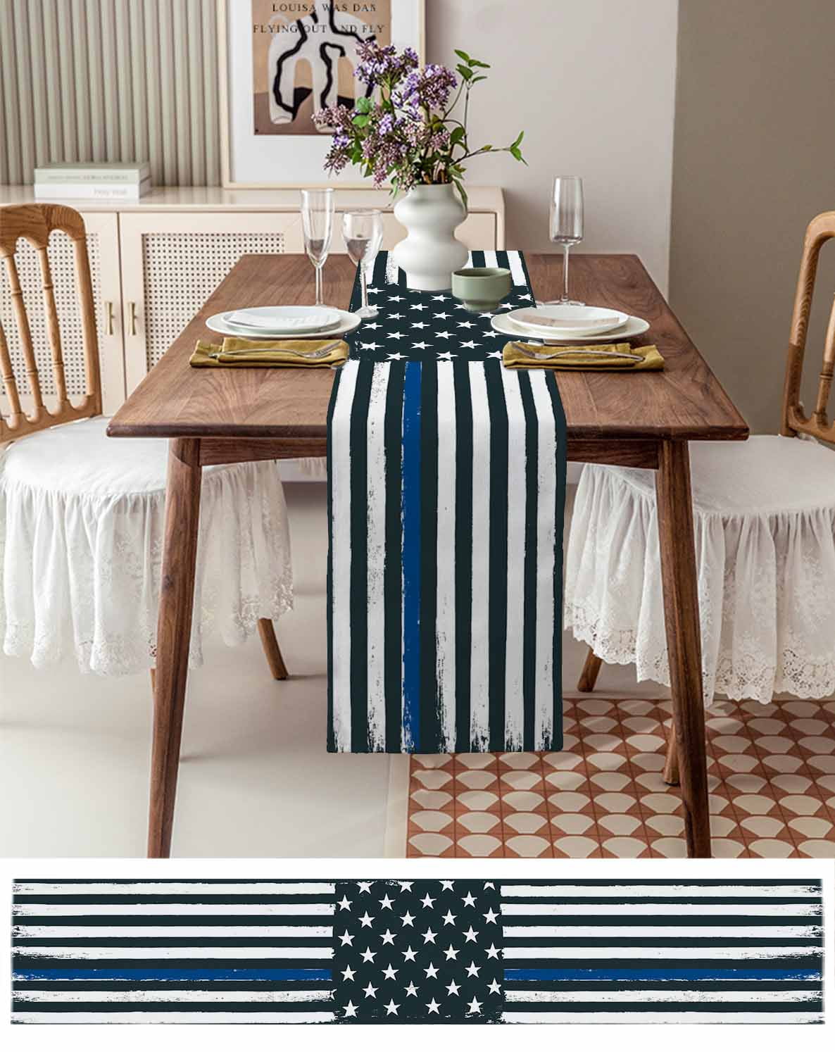 Ldtrchee Thin Blue Line American Flag Table Runner 36 Inches, Black USA Police Bed Runner Dresser Scarves Tabletop for Indoor Outdoor Parties/Ceremony/Banquet, 13"x 36"