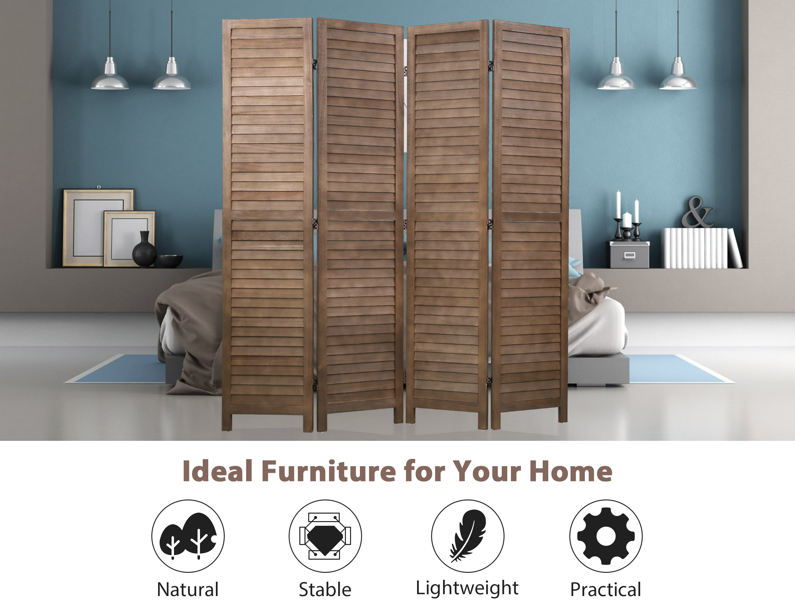 YRLLENSDAN 4 Panel Wood Room Divider Partition Room Dividers 5.6 Ft Tall Privacy Wall Divider 66.9" x 15.75" Each Panel Folding Wood Screen for Home Office Bedroom Restaurant (Brown)
