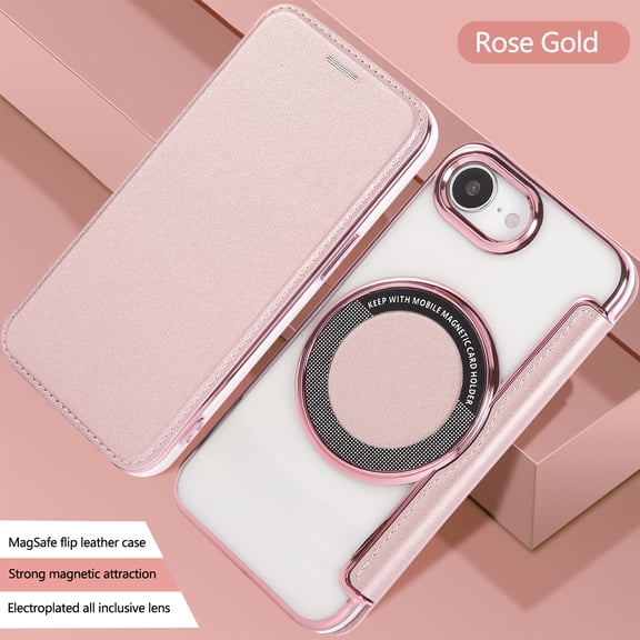 Wallet Cas for Apple iPhone 17e 16e, RFID Blocking Cards Holder Protective Anti-Scratch Compatible with Magsafe Flip Cover Slim Fit Shell Phone Case for Women Men, Rosegold