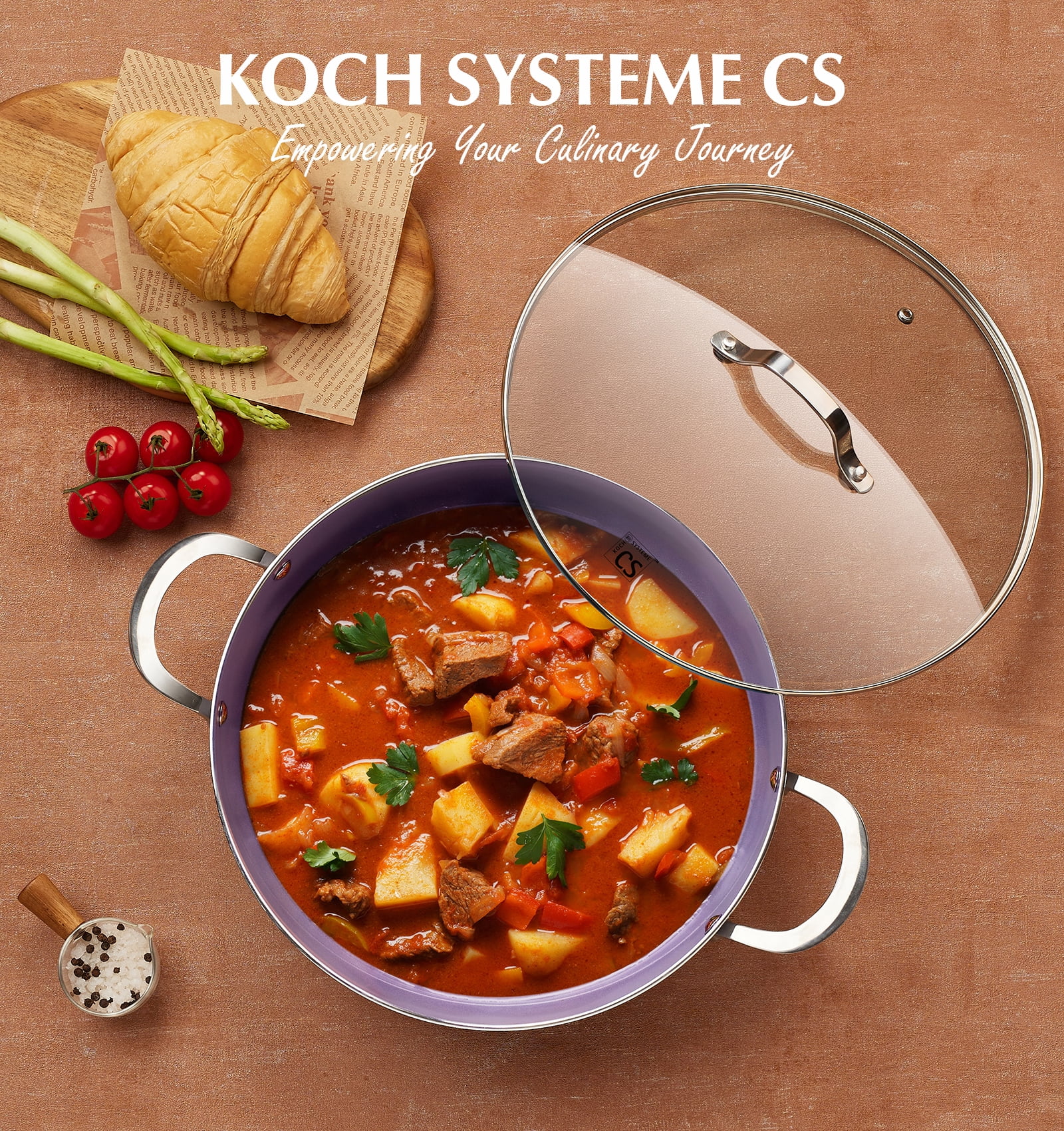Koch Systeme CS 12 inch Saute Pan with Lid, 5.5-Quart Deep Frying Pan with Nonstick Ceramic Coating, Oven Safe, Induction Compatible, Gradient Purple