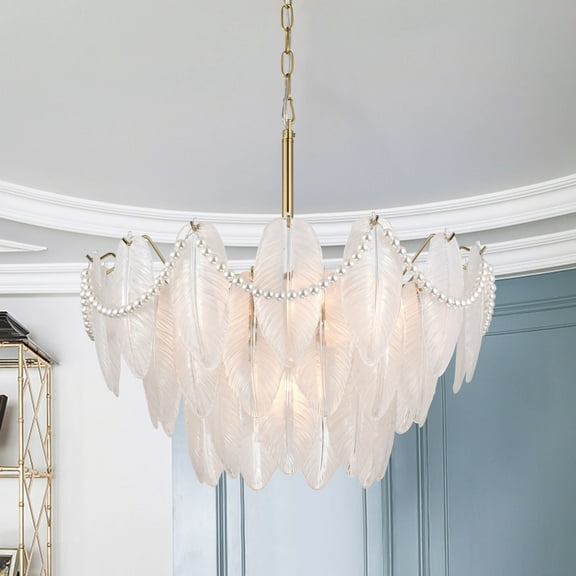 The Lighting Store Paula Brushed Shiny Brass 7-Light Glass Feather-shaped Chandelier