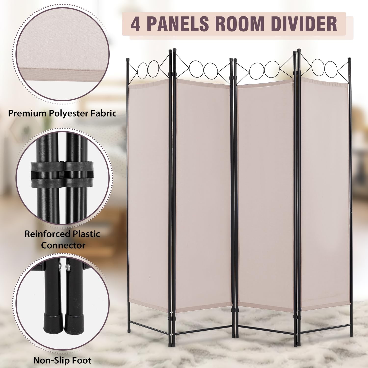 YRLLENSDAN Fabric Room Dividers and Folding Privacy Screens, Wall Divider for Room Separation, Folding Indoor Freestanding 4 Panels, Tan