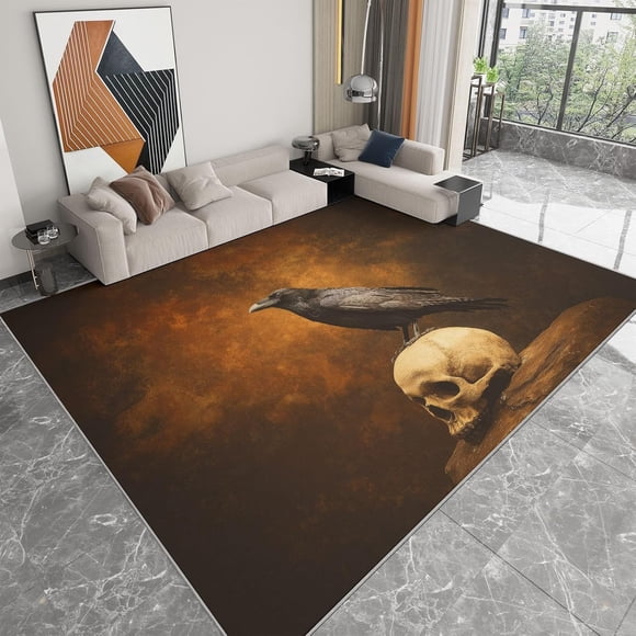 Crow Skull Area Rugs, Gothic Animal Crow Skull Carpet, Washable Non Slip Low Pile Soft Rug for Living Room Dining Room Entryway Decor Mat 5x8ft