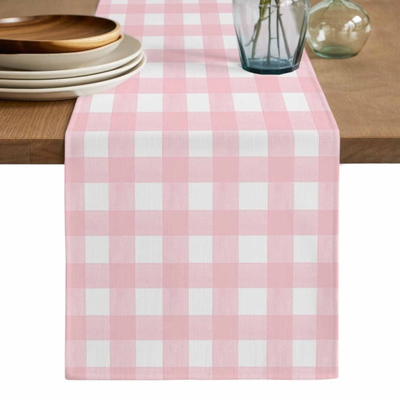 Pink Buffalo Plaid Table Runner, Farmhouse Pink White Checkered Washable Cotton Linen Table Runners 48 Inches Long, Dresser Scarf Runner for Nightstand/Coffee/End Tables 13''x48''