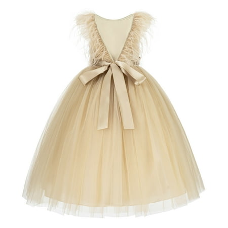 

Backless Ostrich Feather Flower Girl Dress Pretty Princess Gown OS3