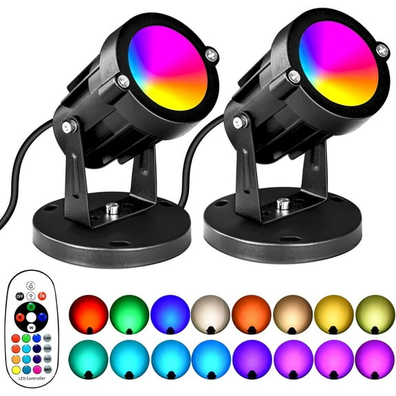 5W RGBW Landscape Lights, 16 Color Changing Spotlight 120V Outdoor Landscape Lighting with Remote for Yard Garden Pathway(2 Pack with Base and Stake)