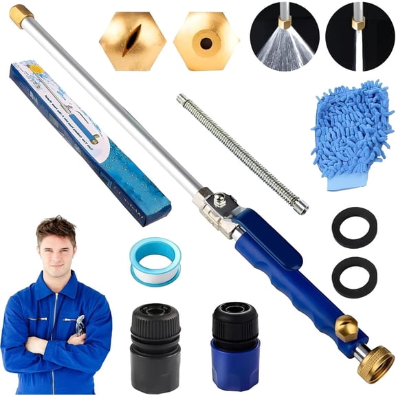 Jet Hose Nozzle High Pressure, Water Jet Washer Gun with 2 Different Nozzles, Garden Hose Pressure Washer Attachment for Gutter Patio Car Pet Window Glass (Blue)