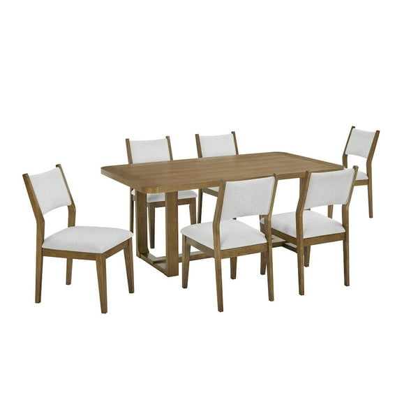 Roundhill Furniture Parker 7-Piece Dining Set, Trestle Dining Table with 6 Stylish Chairs, Light Oak