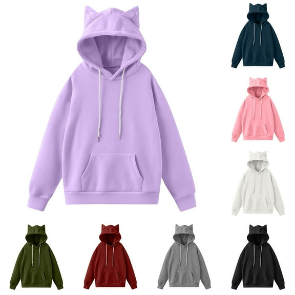 Womens Hoodies Casual Solid Color Round Neck Long Sleeved Pullover Hooded Top Loose Hooded Sweatshirts