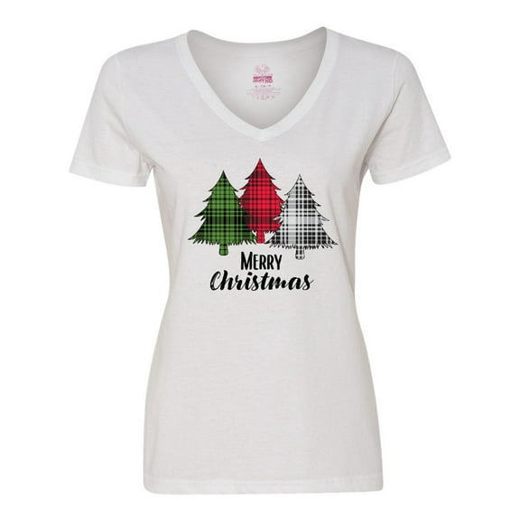 Inktastic Merry Christmas Plaid Trees Women's V-Neck T-Shirt