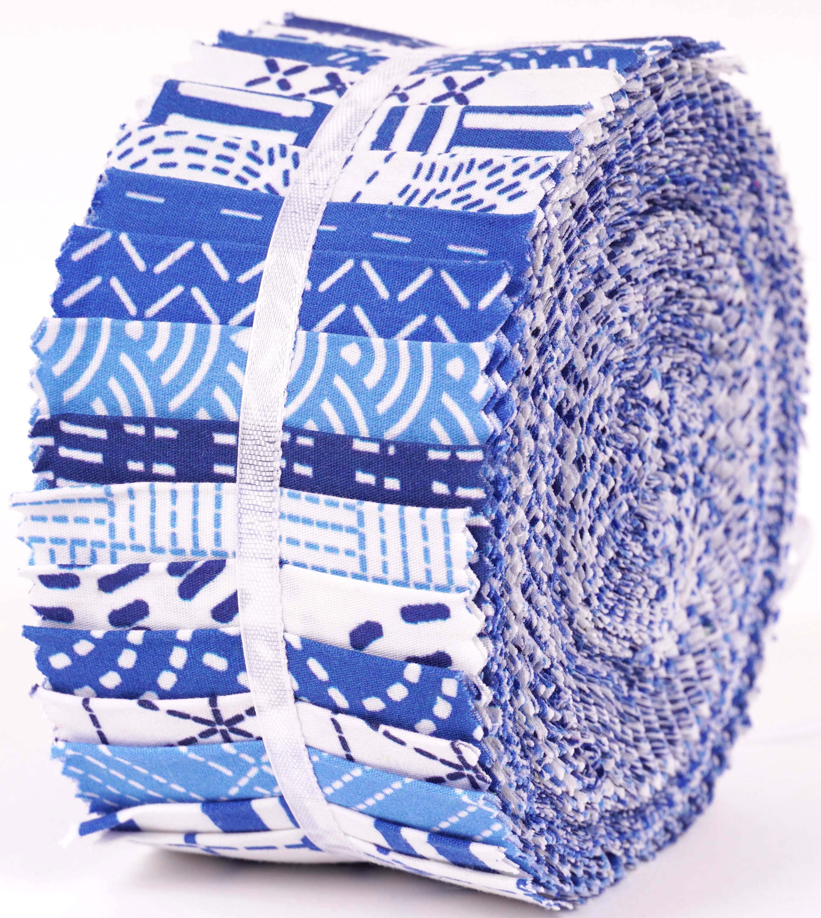 Soimoi 40Pcs Japanese Sashiko Print Cotton Precut Fabrics For Quilting Craft Strips 2.5x42inches Jelly Roll - Medium Blue