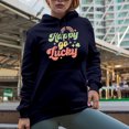 thumbnail image 2 of Happy Go Lucky feat. Shamrock Leaf & Rainbow Art, St. Patrick's Day Merch Gift, Navy Blue Hooded Sweatshirt or Hoodie, 2XL, 2 of 5