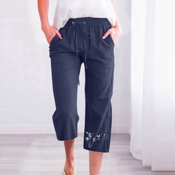 ICHUANYI Clearance Fashion Womens Casual Printing Elastic Loose Pants Straight Wide Leg Trousers With Pocket(Navy, S) ICHUANYI WER2023080804040